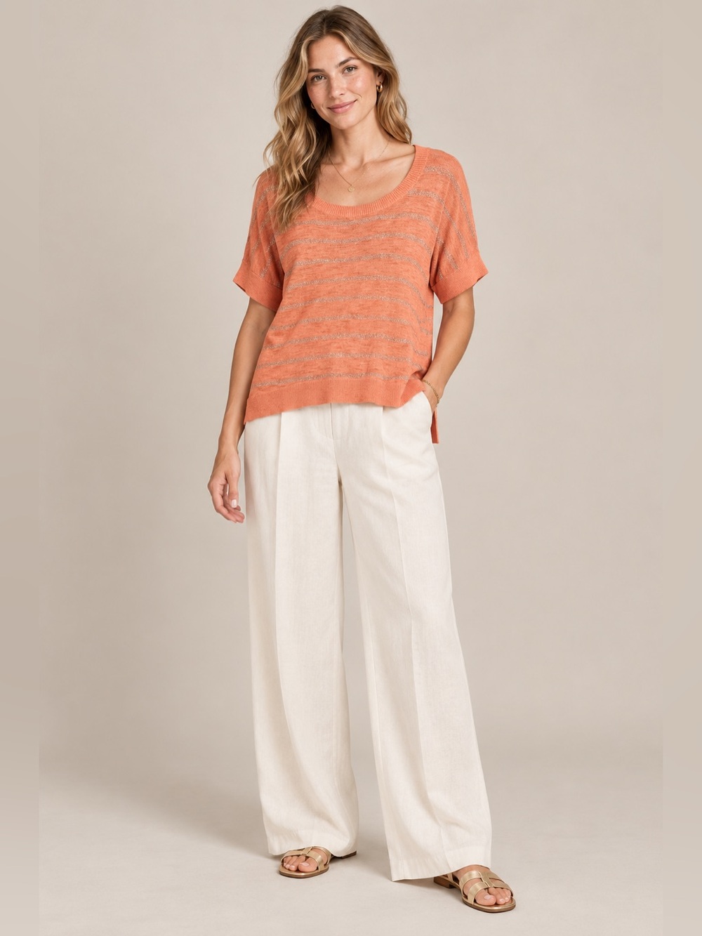 Banana Republic Women's Medium Peach Metallic Stripe Knit Sweater Top